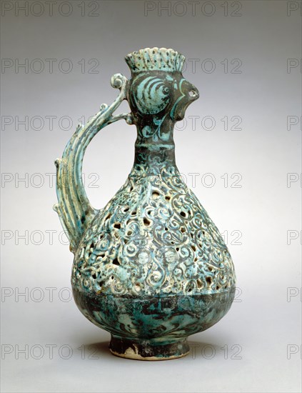 Islamic, Iranian, Ewer with Rooster Head, ca.1200, Under-glaze slip-painted fritware, Overall: 10 3/4 × 6 3/4 × 6 inches (27.3 × 17.1 × 15.2 cm)