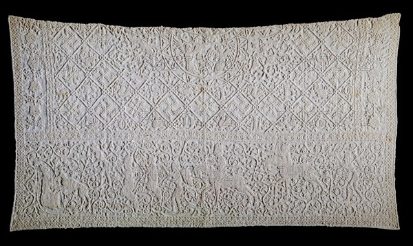 Lectern Cover, 14th century, linen embroidery on plain weave linen in three stitches; German interlacing, plaited braid and chain stitch, Overall: 27 1/4 × 49 1/8 inches (69.2 × 124.8 cm)
