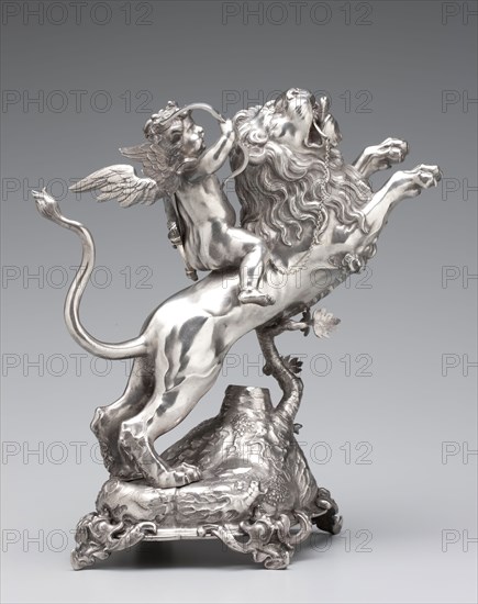 Member of the Gronau Family, Polish, Lion and Cupid Aquamanile, ca. 1650, silver, Overall (aquamanile): 11 13/16 × 10 5/8 × 7 inches (30 × 27 × 17.8 cm)