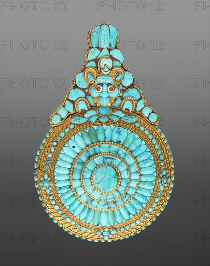 Tibetan, Buddhist Ornament, 19th century, Turquoise, gold, silver, and coral, Overall: 4 1/2 inches × 3 inches × 1 3/4 inches (11.4 × 7.6 × 4.4 cm)