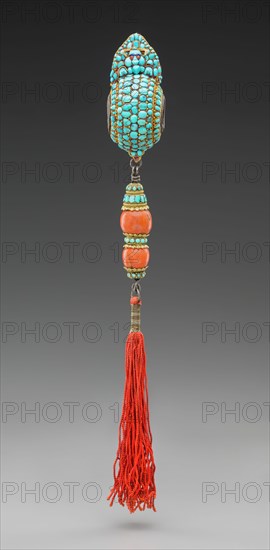 Tibetan, Buddhist Ornament, 19th century, Turquoise, coral, gold, silver, thread, Overall (with tassel): 12 × 1 1/16 × 2 1/4 inches (30.5 × 2.8 × 5.7 cm)