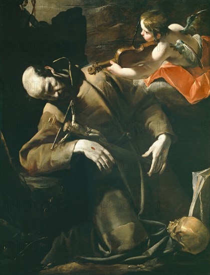 Gioacchino Assereto, Italian, 1600 - 1650, St. Francis of Assisi in Ecstasy before a Cherub with a Violin, between 1628 and 1630, oil on canvas, Unframed: 58 1/16 × 44 1/4 inches (147.4 × 112.4 cm)