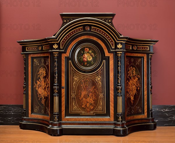 attributed to L. Marcotte and Company, American, 1849-1880, Music Cabinet, ca. 1875, ebonized cherry, American maple, mother-of-pearl, gilt bronze, and dyed wood inlays, Overall: 61 × 77 × 23 3/4 inches (154.9 × 195.6 × 60.3 cm)
