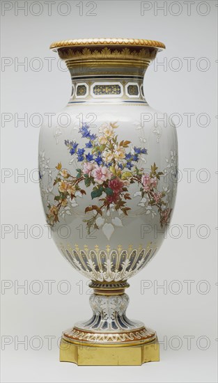 after a model by Jules-Constant-Jean-Baptiste Peyre, French, active 1845 - 1871, Henri-Lucien Lambert, French, active 1859 - 1899, Charles Ouint, French, active 1879 - 1890, Vase de la Vendange, between 1881 and 1882, hard-paste porcelain with demi-grand-feu colors (medium- intense-firing colors) pâte-sur-pâte ornamentation, gilding, and ormolu mount, Overall: 34 1/2 × 15 1/8 inches (87.6 × 38.4 cm)