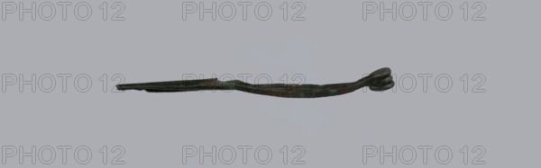Arched fibula, Goluchów Greater Poland Voivodeship. Fibula with an arched bow; the pin emerges from a double-coiled spring. The sheath is a half-cylinder, cut to accommodate the pin. Condition: good, greenish corrosion on the surface. Date: 7th–6th century BC 4th quarter of the 8th – mid-7th century BC, Raczynska. Italy place of origin?, bronze jewelry., A narrow, elongated metal object lies horizontally against a light gray background, with a slightly twisted, flattened shaft that tapers toward one end and curls into a small coiled loop at the other end; the metal surface shows a mix of dark brown, green, and black tones with patches of greenish corrosion and subtle variations in sheen.