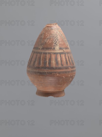 Bottle, Egyptian workshop, Coptic painted pottery, painted pottery, geometric decorations. Low, wide, annular foot; belly walls widely flared at the bottom, bent inward at approximately one-third of the vessel; neck reflected. Decoration painted in black and white, banded: below the neck a zigzag band painted in white with a diagonal black check motif; below that a strip of vertical lines painted alternately in black and white, framed by double black stripes. LRO type. Nile clay with low porosity and distinct golden mica flakes. 6th century, Egypt. Vessel: height 17.5 cm; body width 11 cm; outer rim diameter 8 cm., A single rounded ceramic vessel with a narrow top and a rounded body sits against a plain gray background; the vessel shows a terracotta base color with bands of darker brown and black painted decoration, including vertical elongated teardrop shapes and horizontal stripes, and areas where the surface appears worn or chipped revealing lighter and darker patches; the top has a...