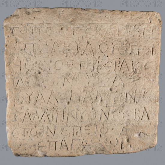 Greek dedicatory inscription, /author, Quadrangular limestone tablet with eight lines of Greek text, Abydos, Greek inscription, height 36.5 cm, width 39.0 cm, depth 7.1 cm, dated 25.06.257, tombstone/inscription., A roughly rectangular stone slab with worn, uneven edges and a textured surface showing many small pits and scratches, rendered in beige and light tan tones with subtle areas of darker brown and gray; the slab displays a grid-like arrangement of shallow incisions across its face creating a pattern of straight, angular grooves, and there are a few small chips and irregularities along the perimeter.