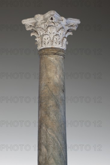 Column with Corinthian capital, Column of blue-green marble with a white marble capital. The smooth shaft stands on a base formed by three slabs, the lower polygonal, the next two circular, divided by a groove enclosed by two rings. The shaft is topped by two circular slabs, on which rests a capital with two rows of leaves rounded at the top, their tips slightly tilted from the stone face. The bipartite abacus is decorated with rosettes placed in the center of the slab walls. Acanthus leaves and rosette ornament. 2nd century, Tell Atrib porch of the baths. Column, column base, capital; weight 3600 kg., A tall cylindrical stone column with a polished, marbled surface in shades of gray, greenish-gray, and beige rises from the bottom of the image, topped by an ornate carved capital that is lighter in color, mostly off-white with subtle beige tones; the capital features carved leaf-like motifs and layered decorative elements with curved outlines, and the background is a smooth gradient of ...