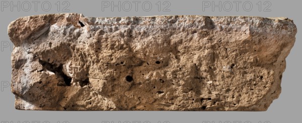 Fragment of a brick with a cuneiform inscription, creator unknown, architectural element in cuneiform writing, Near Eastern architecture, Nebuchadnezzar II 604–562 BC, Eastern Gallic Scenography, ca. 604–ca. 562 BC, Babylonia, Borsippa, brick, weight 534 g, height 6 cm, width 15 cm, thickness 5 cm, A rough, rectangular block of porous material fills the image, with an uneven, pitted surface showing a variety of textures including cavities, crevices, and eroded ridges. The block displays a mix of tan and light brown tones across most surfaces, with areas of pale off-white deposits scattered mainly along the top edge and in some shallow depressions. Shadows accentuate deeper holes and irregularities, and the background is a flat medium gray.