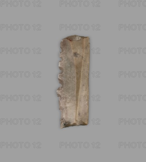 Blade - sickle insert, flint tool used as a sickle insert; Sumer; Uruk culture, ca. 4th–3rd millennium BC c. 4000–c. 3100 BC; Southern Mesopotamia; material culture; tool., A vertical, narrow stone fragment with a textured, irregular left edge and a straighter right edge sits centered against a uniform gray background; the stone shows a range of muted colors including beige, tan, light brown, gray, and touches of darker brown, with subtle areas of greenish-gray and faint reddish discoloration near the top; the left side features a scalloped, chipped profile while the right side has a shallow central ridge running lengthwise, and the surface displays uneven roughness, small pits, and weathered patches.