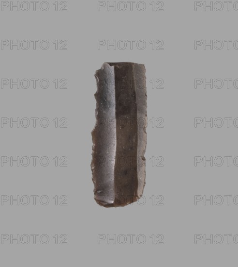 Blade — insert for a sickle; maker, 4th–3rd millennium BC; Mesopotamia, Sumer; tool., A roughly vertical slender object with irregular, chipped edges sits centered against a solid gray background; the object has a smooth, glossy surface with a dark brown to almost black central band and slightly lighter brown edges, showing a few small granular spots and subtle sheen variations along its length.