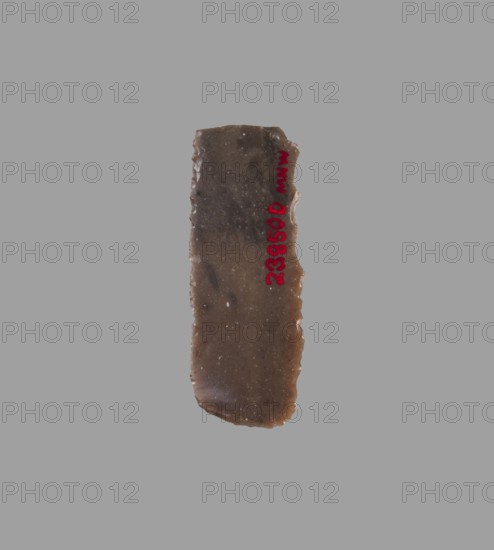 Blade - insert for a sickle, 4th millennium - 3rd millennium BC, Mesopotamia, Sumer, tool, A vertical, irregularly shaped stone shard with rough, chipped edges displayed against a solid gray background; the shard is primarily brown with areas of darker and lighter brown variation and small speckles, and there is a narrow vertical line of bright red paint on one side; overall colors visible include brown, dark brown, light brown, red, and gray.
