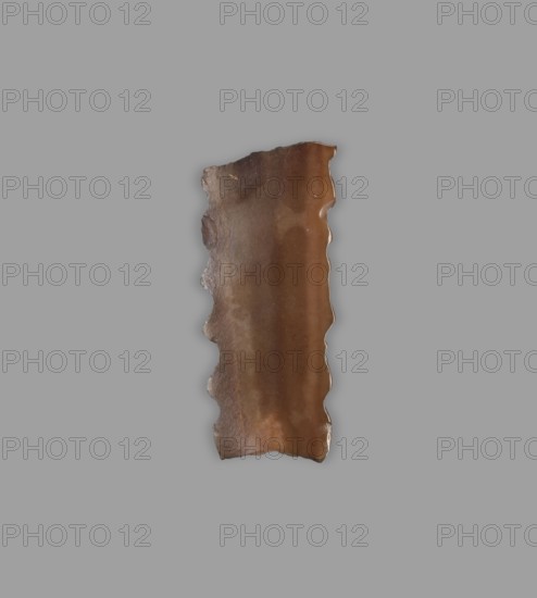 Blade - insert for a sickle; maker, 4th–3rd millennium BC; Nippur; tool., A single irregular vertical strip of brown material with a slightly glossy surface sits centered against a solid gray background; the strip has uneven, wavy edges and a range of brown tones from darker brown along one side to lighter brown toward the center, with subtle variations in texture and a few small shiny highlights.
