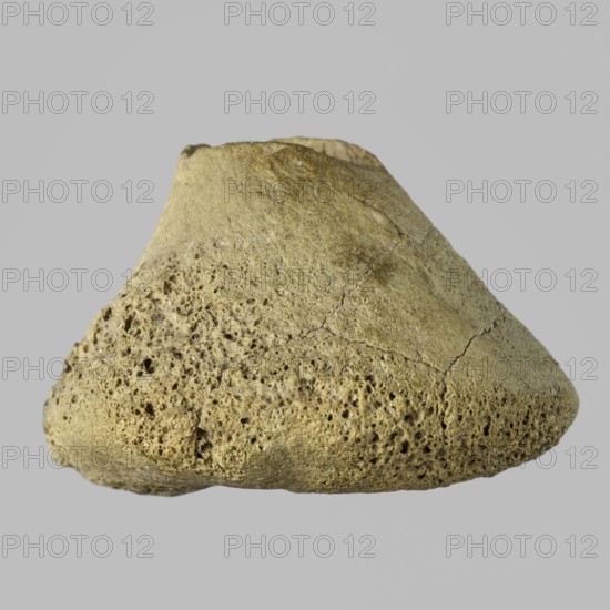 Spindle whorl, weaving tool, material culture, tools; Eastern Gaulish scene; 4th millennium BC; Sumer; Southern Mesopotamia; tool; weight 6.08 g;, A roughly conical, weathered object with a porous lower surface and a smoother upper surface, shown against a plain light gray background; the object displays a range of earthy tones including beige, tan, light brown, and pale yellow-green, with visible small pits and holes on the porous area and subtle cracks and texture variations on the smoother top.