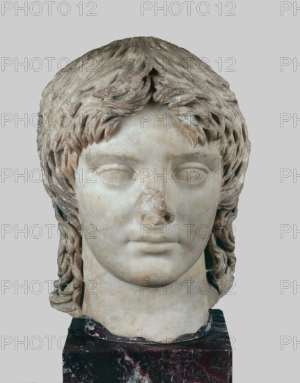 Portrait of a Young Man, Unknown author. Head of a Young Man, also known as a Barbarian. The figure's face is carefully modeled—slender with pronounced cheekbones, no wrinkles, and a smooth forehead. The eyes, large in relation to the rest of the face, are carefully crafted with marked irises, pupils, and slightly drooping upper eyelids. The eyebrow arches feature detailed sculpted hair. The mouth is closed in a slight smile. The nose is damaged. The face is framed by long hair with a fringe falling over the subject's forehead. The head is set on a massive neck. 2nd half of the 2nd century, Roman Empire 27 BC–476. Sculpture; height 34.5 cm, width 26 cm, depth 25 cm., A marble sculpted head of a young person with detailed wavy hair carved to fall around the forehead and sides, showing textured grooves and layered locks in shades of white, beige, and light brown; a smooth, pale face with subtle discoloration and weathering, closed or blank eyes, a slightly damaged nose, and a calm, neutr...
