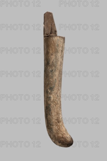 Beard from a sarcophagus mask, slightly curled; sarcophagus mask beard, height 16.2 cm; ca. 1550–332 BC New Kingdom–Late Period, Egypt;, A single elongated curved object with a rounded end and a flatter top, displayed against a plain gray background; the object has a rough textured surface showing wood-like grain and weathered irregularities, with colors including tan, brown, beige, and patches of darker brown and muted greenish-gray, and the top section appears broken or carved with slightly darker brown exposed material.