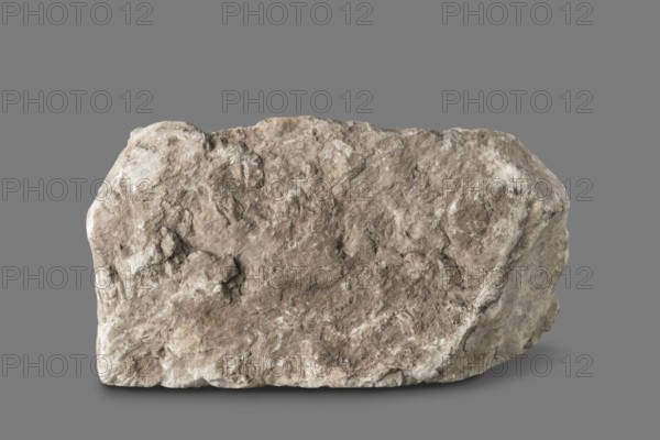Fragment of architectural decoration. Corner section of a fragment of architectural decoration made using the relief technique. The cornice is decorated with bands of ovoid, pearls, cubes, and acanthus leaves. The band decoration is separated by a thin roller from part of the frieze, which depicts a plant tendril with a rosette and a bird. Deep, plastic relief, separated from the background with a drill. 1st–2nd century, Italy. Roman architecture; ovoid ornament; cymatium ornament; plant tendril; pearling ornament; acanthus leaves ornament; friezes; birds decorative motif. Architectural detail / decorative element / architectural element / element of architectural decoration; bas-relief. Height 45 cm, width 30 cm, depth 15 cm maximum, depth 7 cm minimum; weight 15.354 kg., A large irregular rock with a rough, textured surface sits against a flat background; the rock displays shades of beige, tan, brown, gray, and off-white with weathered crevices and uneven edges, and the background ap...