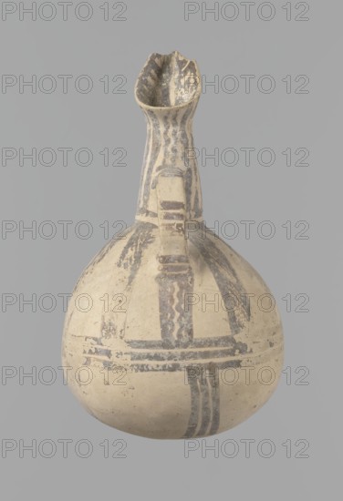 Jug, excavations at Nea Paphos Cyprus — Cypriot pottery, Bronze Age White Painted IV. The jug has a pear-shaped belly, a tall tapering neck, and a three-part spout. The base is gently rounded. A small vertical ribbon-like vise is placed in an arc above the base of the neck. Cream clay with a cream surface. Geometric decoration in black: the neck is covered with densely spaced straight and wavy lines; the interior of the spout is similarly decorated. At the base of the neck this decoration terminates with a horizontal line. The outside of the vise is decorated with three groups of three transverse lines each, and the sides of the vise are painted black. The upper part of the body bears eight sets of two wavy lines radiating from the base of the neck, bordered laterally by straight lines; these extend to about one-third of the body's height where they meet three horizontal lines around the vessel's greatest bulge. In the lower part four sets of three lines branch off from these horizonta...