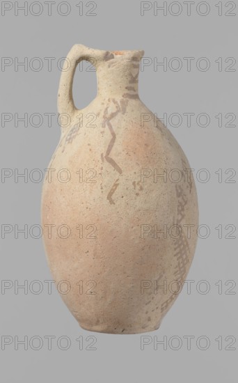 Jug, excavations at Nea Paphos Cyprus - equivalent, Cyprus, Cypriot pottery, Bronze Age Cypriot White Painted I. Jug with a large, oval and flattened belly, an indistinct foot, sloping shoulders, a low and narrow neck with a thickened outer edge of the spout. A small, cylindrical vertical handle, attached to the shoulders of the vessel and to the spout, protrudes slightly above the upper edge of the spout. Orange-cream clay. Cream engobe. Painted geometric decoration in brown. On the neck are zigzag bands of three parallel horizontal lines between each band the highest of which is at the edge of the spout. Body decoration in vertical stripes bounded on both sides by lines - in the centers of the sides of the vessel a zigzag of a single line; between them, two zigzags with a grid pattern, 4 meshes wide. At the bottom of the vessel, a continuous horizontal line intersects the lines delimiting the fields. Condition: slight loss at the rim. The surface of the vessel is heavily worn in many...