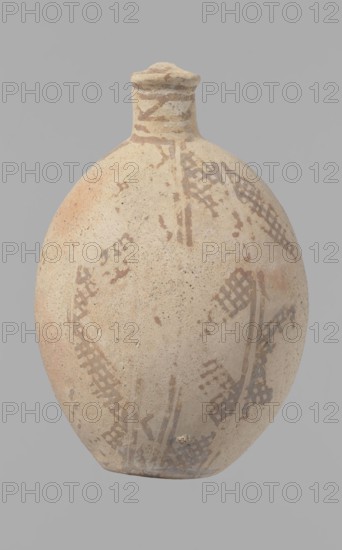 Jug, excavations at Nea Paphos Cyprus - equivalent, Cyprus. Cypriot pottery, Bronze Age Cypriot White Painted I. Jug with a large, oval and flattened belly, an indistinct foot, sloping shoulders, a low and narrow neck with a thickened outer edge of the spout. A small, cylindrical vertical handle, attached to the shoulders of the vessel and to the spout, protrudes slightly above the upper edge of the spout. Orange-cream clay with cream engobe. Painted geometric decoration in brown: on the neck are zigzag bands of three parallel horizontal lines between each band the highest at the edge of the spout. Body decorated with vertical stripes bounded on both sides by lines; at the centers of the sides a single-line zigzag; between them two zigzags with a grid pattern four meshes wide. At the bottom, a continuous horizontal line intersects the lines delimiting the fields. Condition: slight loss at the rim; surface heavily worn and decoration poorly preserved in many places. Dated 1800–1650 BC, ...
