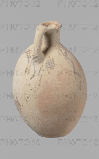 Jug, excavations at Nea Paphos Cyprus - equivalent, Cyprus, Cypriot pottery, Bronze Age Cypriot White Painted I. Jug with a large, oval and flattened belly, an indistinct foot, sloping shoulders, a low and narrow neck with a thickened outer edge of the spout. A small, cylindrical vertical handle, attached to the shoulders of the vessel and to the spout, protrudes slightly above the upper edge of the spout. Orange-cream clay. Cream engobe. Painted geometric decoration in brown. On the neck are zigzag bands of three parallel horizontal lines between each band the highest of which is at the edge of the spout. Body decoration in vertical stripes bounded on both sides by lines - in the centers of the sides of the vessel a zigzag of a single line; between them, two zigzags with a grid pattern, 4 meshes wide. At the bottom of the vessel, a continuous horizontal line intersects the lines delimiting the fields. Condition: slight loss at the rim. The surface of the vessel is heavily worn in many...
