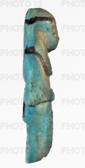 Shabti with baskets on the back. Mummy-shaped funerary figurine, preserved fragment from the knees up. Arms crossed on the chest, hands placed at the same level, holding hoes in each hand. Rectangular basket on the back slung on strings over both shoulders. Long, smooth, three-part wig with a headband; triangular face with proportional details, eyes slightly closed. Painted facial details and headband. Painted inscription in a column separated by vertical lines on the front of the legs, starting just below the folded hands, reading in part ...of the soul belonging to Osiris.... ca. 1069–715 BC; Third Intermediate Period, 21st–23rd Dynasty, Egypt. Shabti; height 7.6 cm, width 3.2 cm., A slender figurine shown in profile with a rounded head, shoulders, and torso, displaying a weathered surface with a mix of turquoise and teal tones, areas of greenish-blue and pale blue, and patches of brown and tan discoloration; there are several dark brown to black horizontal bands and spots across the...