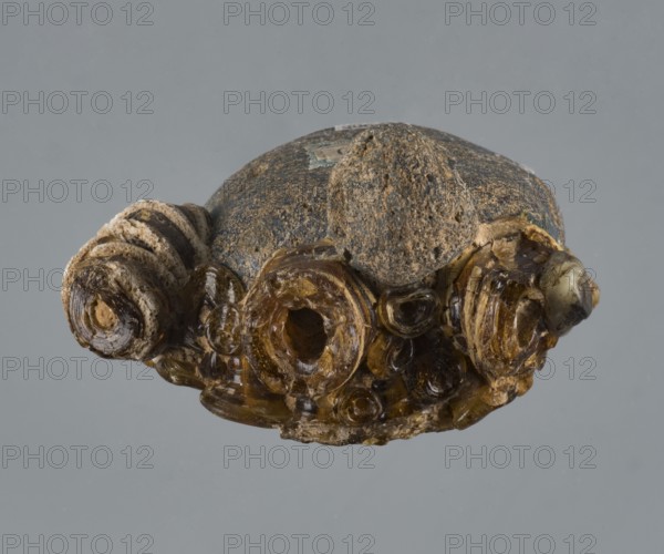 Apotropaic pendant in the shape of a male head; bearded head pendant; pendant in the form of a bearded man's head; 4th–3rd century BC; Carthage Tunisia; technique on core; jewelry amulet; height 8 cm, width 6.4 cm, depth 4 cm;, A rounded object with a rough, textured top in gray and brown tones sits against a plain gray background, with a cluster of glossy, translucent brown and amber spiral formations attached along its lower edge and a few creamy off-white and dark brown bands visible within the spirals.