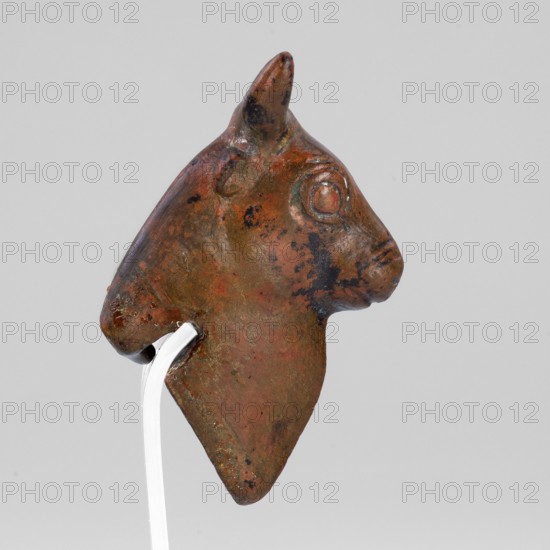 Bull-headed protoma, vessel decoration, unknown Urartian workshop. Stylized bull's head with linear details: large convex eyeballs surrounded by a straight line, two horizontal lines mark the nostrils. Small, protruding ears are plastically modeled; schematically chipped horns are slightly curved upward. The neck is slightly elongated with a triangular bulge at the front. At the bottom-rear is a rectangular cutout that served to mount the protoma on the rim of a cauldron. Typical Urartian cauldron decoration. 8th–7th century BC Urartu, ca. 850–585 BC. Near East; Urartu. Decoration. Weight: 134 g., A small sculpted head of an animal shown in profile, mounted on a thin white support; the object has a worn, irregular surface with a mix of brown, reddish-brown, dark brown, and black areas, with subtle greenish patina in places; the head features a pointed ear, a raised circular eye, and a short snout, with surface pitting and scratches visible against a plain light gray background.