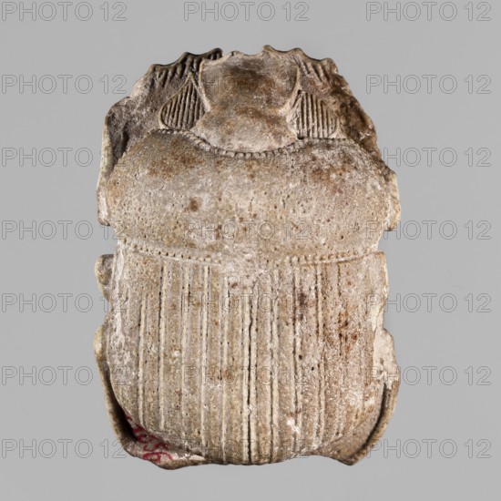 Scarab with naturalistic modeling; protective amulet depicting a sacred animal; Late Period, 26th Dynasty, 664–525 BC, Egypt; amulet scarab; height 4 cm, width 2.8 cm;, A single carved object resembling a rounded, symmetrical form with a textured surface and vertical grooves on its lower portion, showing a few irregularities and chips around the edges; the top area has a raised central section flanked by curved, ribbed elements and a beaded border where the upper and lower sections meet; the surface shows a weathered, pitted texture with small rough spots and worn details; visible colors include beige, light brown, tan, off-white, gray, and a small area of muted red near the lower edge; the background is a flat, uniform light gray.