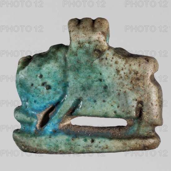 Amulet - hippopotamus; unknown creator; hippo protective amulet pendant; 664–332 BC, Late Period, Egypt; amulet; height 1.5 cm, width 2 cm., An irregular small carved object with a weathered surface showing a mix of turquoise, teal, blue, brown, beige, and gray tones, with areas of darker brown spotting and patches of brighter blue; its shape includes rounded protrusions, a central raised ridge, a carved recess forming a horizontal slot near the bottom, and a textured, pitted surface with smooth worn edges.