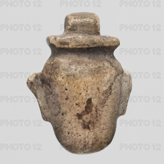 Amulet - heart ib; Amulet ib in the shape of a heart with a pendant at the top; maker, materials not specified; function: amulet grave goods, body-part amulet; style: Scen.Gal.Eg.; date: 664–332 BC, Late Period, Egypt; dimensions: height 2.3 cm, width 1.7 cm., The image shows a small rounded object with a textured surface, appearing worn and irregular in shape; its colors include shades of beige, tan, light brown, and darker brown mottling, with some areas of grayish tones. The object has a narrow top that flares into a small rim, a bulbous middle, and a rounded bottom, with a few protrusions on the sides that appear integrated into the form. The surface displays a speckled pattern and patches of darker discoloration, and the background is a uniform light gray.