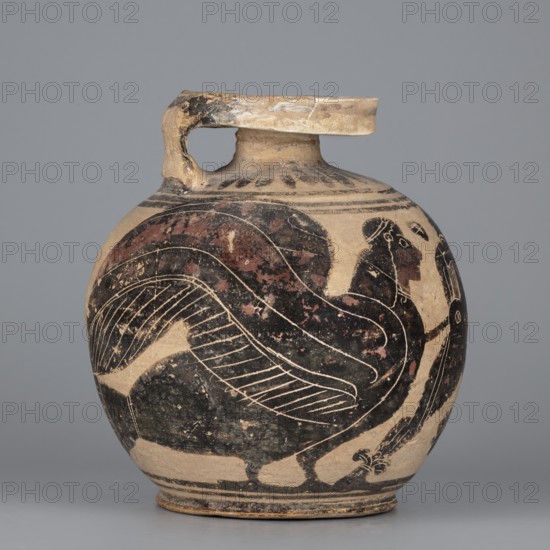 Orientalizing aryballos with a depiction of Hermes, and the Sirens, Otterlo Painter c. 580–570 BC. Globular aryballos with a wide rim and a low neck; poorly defined foot. Decoration covers the entire body; radial ornament on the shoulders. Main decorative field bounded top and bottom by two thin lines of varnish. Walking Hermes, holding a spear, between two sphinxes. Precise engraved modelling with many details; wings of the sphinxes and some body parts covered with red retouch. Small amount of large infill ornamentation. Outer surface of the foot covered with varnish; bottom decorated with concentric circles. Technology: matte varnish. Condition: full form but glued; surface contaminated; visible chips and cracks. Clay color: 10 YR 8/3 very pale yellow. Varnish color: 7.5 YR 2.5/1 black. Red color: 10 R 4/3 weak red. Attributed to Kamila Nocon, c. 570 BC, Corinth. Type: aryballos vessel. Height 11.7 cm; diameter 11 cm; weight 0.280 kg; foot diameter 6.5 cm; spout diameter 5.5 cm., A r...