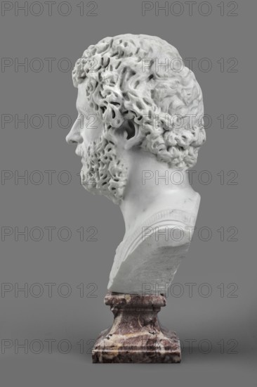 Portrait of Emperor Septimius Severus, unknown Roman workshop; Roman Empire 193–211; sculpture; height 56 cm, width 30 cm, depth 24.5 cm., A white marble bust of a bearded man shown in profile on a mottled brown and beige marble pedestal against a flat gray background, with detailed curly hair and beard texture and smooth carved neck and shoulder.