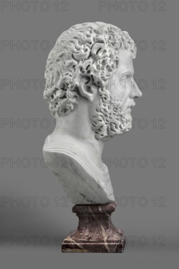 Portrait of Emperor Septimius Severus, unknown Roman workshop, Roman Empire 27 BC–476, sculpture; height 56 cm, width 30 cm, depth 24.5 cm; dated 193–211., A marble bust of a bearded man shown in profile, carved with detailed curly hair and a textured beard, mounted on a marbled pedestal; visible colors include white and off-white tones in the bust, shades of gray in the background, and brown and cream veining in the pedestal.