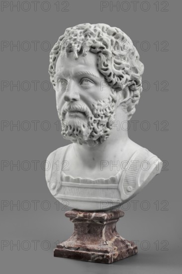 Portrait of Emperor Septimius Severus, unknown Roman workshop, Roman Empire 193–211, sculpture, height 56 cm, width 30 cm, depth 24.5 cm, A white marble bust of a bearded man with curly hair, showing detailed facial features and textured hair and beard, set on a mottled reddish-brown and cream marble pedestal against a plain gray background; visible colors include white, gray, reddish-brown, and cream.