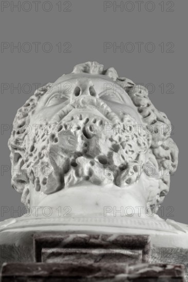 Portrait of Emperor Septimius Severus, unknown Roman workshop; Roman Empire 27 BC–476; sculpture; height 56 cm, width 30 cm, depth 24.5 cm; dated 193–211., A close-up view from below of a light-colored sculpted head with a textured beard and curly hair, set against a solid gray background, showing detailed carved facial features and the upper part of a base in darker stone tones; visible colors include light gray, white, darker gray, and a few brownish-gray areas.