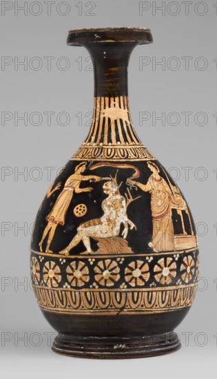 Red-figure bottle vessel depicting the punishment of Marsyas, attributed to Scen.Gal.Klass., Greek pottery, 330–310 BC. Bottle glued from several fragments; minor additions on the neck, flaking of white and yellow retouches covering the silhouette of Silenus. Between ornamental bands on the lower neck and belly, the scene shows Marsyas seated on a cloak one end covering his right thigh, lower torso facing left while upper torso, with hands tied to a tree in front, faces right toward Apollo. Apollo stands beside a table on a platform, a lyre on the table, and in his right hand a taenia victory ribbon that flutters above Silenus’s head. A Scythian stands before Marsyas, holding a knife in his right hand and beginning to flay him. The scene includes three satyrs and a column with an oval object possibly an omphalos. The composition references the musical agon between Apollo lyre and Marsyas aulos. Origin: Apulia, Basilicate findspot. Dimensions: height 26 cm, width 13.5 cm, weight 0.67 kg...