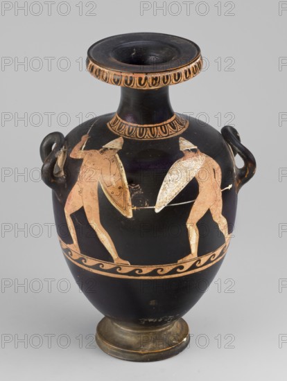 Red-figure hydria with a combat scene, Laghetto-Caivano Group c. 340–320 BC; Duel Painter 340–330 BC attribution. Hydria decorated with two naked hoplite warriors fighting with long spears; they wear pointed helmets, hold round convex shields in their left hands, and wear greaves. Weaponry painted white with yellow retouching. Ca. 340–320 BC, Campania. Vessel hydria. Height 22.5 cm; width 15.6 cm; depth 13.3 cm; weight 0.612 kg., A black ceramic vessel with a rounded body, flared neck, and a flat rim shows a painted scene of two nude figures facing each other with shields and helmets, rendered in a reddish-orange color against the black background; the shields have lighter worn areas. The vessel has a decorative band with repeating oval shapes around the neck and a wavy ornamental band around the body, both in the same reddish-orange color. There are handles on either side of the shoulder that are black with some reddish-orange wear, and the foot of the vessel is a dull brownish color....