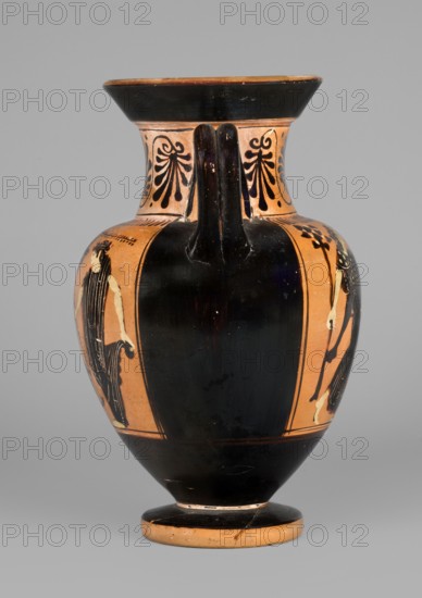 Black-figure neck amphora with a depiction of dancing maenads, The Diosphos Painter ca. 500–475 BC. Dionysus mythology; maenads mythology. Amphora with a flared spout, a cylindrical neck with slightly concave walls clearly cut off from the neck, an ovoid body tapering downwards, and a cylindrical foot with straight edges. Handles made of two clay rolls, placed under the spout, resting on the arms. Flat handles. Recessed bottom, 3.5 cm wide. Technology: Smooth surface with shiny, metallic varnish. Well-cleaned, homogeneous clay with no visible impurities. Varnish applied in an even layer. Condition: A few secondary defects on the vessel surface, internal surface contamination, a chip on the spout, and a glued foot. Clay color: close to 5 YR 6/6 reddish red. Varnish color: 10 YR 2/1 black. Red color: 7.5 R 3/3 dusky red. White color: 2.5 Y 7/2 light grey. Attributed to Attica Athens. Amphora, vessel; weight 0.43 kg. Created ca. 500–475 BC. Kamila Nocon, An ancient-style ceramic vase with...
