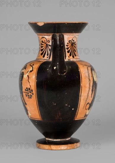 Black-figure neck amphora with a depiction of dancing maenads, The Diosphos Painter ca. 500–475 BC. Dionysus mythology; maenads mythology. Amphora with a flared spout, a cylindrical neck with slightly concave walls clearly cut off from the neck, an ovoid body tapering downwards, and a cylindrical foot with straight edges. Handles made of two clay rolls, placed under the spout, resting on the arms. Flat handles. Recessed bottom, 3.5 cm wide. Technology: Smooth surface; shiny metallic varnish; well-cleaned, homogeneous clay with no visible impurities; varnish applied evenly. Condition: A few secondary defects on the vessel surface; internal surface contaminated; chip on the spout; glued foot. Clay color: close to 5 YR 6/6 reddish red. Varnish color: 10 YR 2/1 black. Red color: 7.5 R 3/3 dusky red. White color: 2.5 Y 7/2 light grey. Attributed to Attica Athens. Amphora, vessel; weight 0.43 kg., A ceramic vessel with a rounded body, narrow neck, and flared rim standing on a circular foot, ...