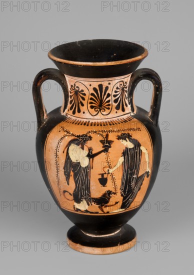 Black-figure neck amphora with a depiction of dancing maenads, The Diosphos Painter 500–475 BC. Dionysus mythology; maenads mythology. Amphora with a flared spout, a cylindrical neck with slightly concave walls clearly cut off from the neck, an ovoid body tapering downwards, a cylindrical foot with straight edges. Handles made of two clay rolls, placed under the spout, resting on the arms. Flat handles. Recessed bottom, 3.5 cm wide. Technology: Smooth surface. Shiny, metallic varnish. Well-cleaned, homogeneous clay with no visible impurities. Varnish applied in an even layer. Condition: A few secondary defects on the vessel surface. Internal surface contaminated. Chip on the spout. Glued foot. Clay color: close to 5 YR 6/6 reddish red. Varnish color: 10 YR 2/1 black. Red color: 7.5 R 3/3 dusky red. White color: 2.5 Y 7/2 light grey. Attributed to ca. 500–475 BC, Attica, Athens. Amphora, vessel; weight 0.43 kg. Recorded by Kamila Nocon, An ancient-style two-handled terracotta vase with ...