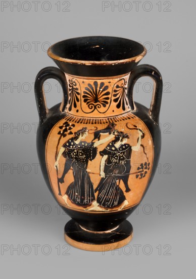 Black-figure neck amphora with a depiction of dancing maenads, The Diosphos Painter ca. 500–475 BC. Dionysus mythology; maenads mythology. Amphora with a flared spout, a cylindrical neck with slightly concave walls clearly cut off from the body, an ovoid body tapering downward, and a cylindrical foot with straight edges. Handles made of two clay rolls, placed under the spout, resting on the arms. Flat handles. Recessed bottom, 3.5 cm wide. Technology: Smooth surface with shiny, metallic varnish. Well-cleaned, homogeneous clay with no visible impurities; varnish applied in an even layer. Condition: A few secondary defects on the vessel surface. Internal surface contaminated. Chip on the spout. Glued foot. Clay color: close to 5 YR 6/6 reddish red. Varnish color: 10 YR 2/1 black. Red color: 7.5 R 3/3 dusky red. White color: 2.5 Y 7/2 light grey. Attributed to Kamila Nocon, ca. 500–ca. 475 BC, Attica, Athens. Amphora, vessel, weight 0.43 kg., An orange and black ceramic amphora with a wid...