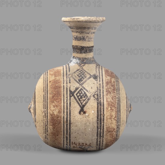Barrel-shaped jug, unknown Cypriot workshop, geometric motifs, Cypriot ceramics. A vessel with a barrel-shaped body terminated on both sides by small protrusions. The cylindrical neck terminates in a cup-shaped spout. A band-shaped vise connects the body to the neck midway up. The decoration, finished with brown paint, consists of concentric bands encircling the barrel. Two wide light brown bands on either side of the vise are framed on either side by narrow dark brown bands. At the protrusions, the bands group into a set of concentric circles. Transverse bands between two vertical bands decorate the vise. A series of concentric belts on the neck. 850–600 BC, Cyprus, Arsinoe, vessel, height 12 cm, width 10 cm., A rounded ceramic vessel with a narrow flaring neck and a wide flat rim, featuring a beige base color with decorative bands and geometric motifs in black and reddish-brown; the body shows vertical stripes and a central pattern of diamond shapes with dot-filled centers, while the...