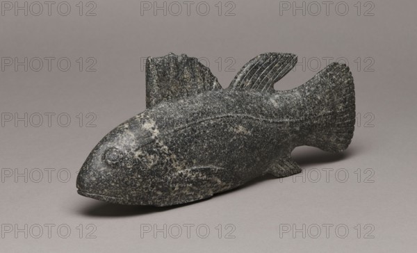 Late Period Egyptian fish figurine, 664–332 BC; material unspecified, height 29 cm, weight 1.812 kg., A sculpted fish-shaped object sits on a flat surface, carved from a speckled dark gray stone with lighter gray and off-white patches; the carving shows a rounded head with a circular eye depression, a streamlined body with a subtle raised ridge along the side, and a set of textured fins including a tall dorsal fin, a smaller fin near the back with carved striations, and a broad tail fin with ribbed detailing; the surface shows a mottled, grainy texture and the background and surface are smooth and muted gray-beige.