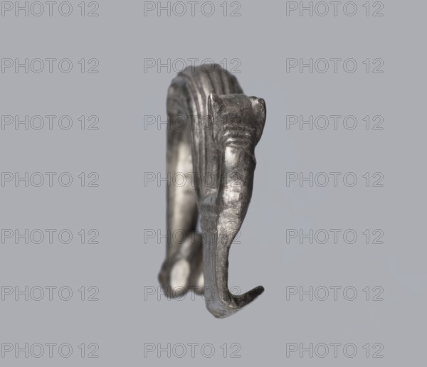 Snake-headed fibula, unknown Southern Italian workshop. Fibula with an arched, thick hoop. The hoop is terminated on one side with an imitation spiral, and on the other side connected to the rectangular wall of the sheath, bent at the bottom. A cylindrical leg extends from the sheath, bent towards the hoop, ending with a snake's head. The hoop is decorated with numerous longitudinally engraved lines. Condition: corrosion, missing needle. 5th–4th century BC, Southern Italy. Materials: silver. Iconography: snake. Function: fibula., A close-up of a metallic object shaped like a curved animal head and neck with a hooked extension, shown against a plain light gray background; the object appears shiny with a silver-gray metallic surface and subtle darker gray shadows, showing smooth and slightly textured areas and rounded contours.