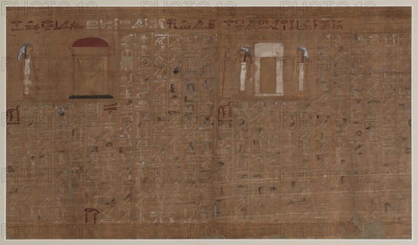 Bakai's Book of the Dead, unknown author; Bakai ca. 1550–1295 BC. Scene: Bakai standing in front of a shrine in the shape of the hieroglyph kAr; two figures of Bakai standing next to a tomb. Inscription: hieroglyphic text. Amenemopet ca. 1550–1295 BC associated. Shrine iconographic. Papyrus, height 36 cm, width 60 cm. Date: New Kingdom, 18th Dynasty reign of Thutmose III–Amenhotep II, ca. 1479–1400 BC; mid-19th century note: mid-19th-century reference retained only if part of the artwork description., A horizontal rectangular papyrus with a brown-beige background shows a few standing human figures rendered in flat profile with skin tones in yellow and brown and hair painted dark gray; one figure appears at left wearing a white dress, and two figures appear near the upper right wearing similar white clothing and holding a long thin object. Near the left-center is a simple architectural form with a rectangular base and a semi-circular red top, and to its right is another simple doorway-l...
