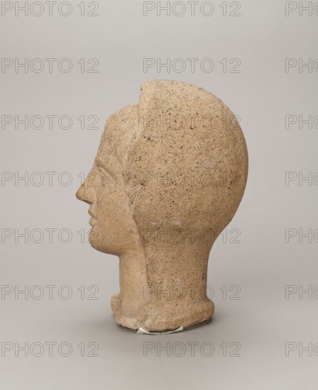 Votive head, Head of a young man covered with a shawl, from under which hair emerges in the form of a fringe and falls in curls below the temples, covering the ears. Large, wide-open, convex eyes; large, straight nose; narrow mouth with wide, slightly curled, pouting lips. Face with a strong chin alluding to classical traditions. 4th century BC, Central Italy, votive offering. Height 27.3 cm, width 20.5 cm, depth 18.5 cm, weight 3.5 kg., A side view of a sculpted head made of a speckled tan material, showing a profile with a defined nose, lips, and chin; the surface has a rough, grainy texture with small darker specks. The head rests on a short rounded neck base that shows some irregularities and a small area of lighter material at the bottom edge. The background is a smooth, even light gray which contrasts with the tan of the sculpture. The overall colors visible are tan, darker brown specks, a small patch of light beige at the base, and light gray in the background.