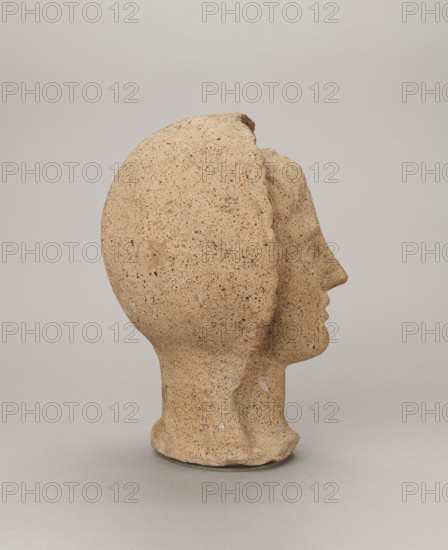 Votive head, head of a young man covered with a shawl, from under which hair emerges in a fringe and falls in curls below the temples, covering the ears. Large, wide-open, convex eyes; large, straight nose; narrow mouth with wide, slightly curled, pouting lips. Face with a strong chin alluding to classical traditions. 4th century BC, Central Italy, votive offering. Height 27.3 cm, width 20.5 cm, depth 18.5 cm, weight 3.5 kg., A sculpted head viewed in profile, made of a speckled beige material with a rough, grainy texture; the form shows a defined nose, lips, chin, and a smooth rounded back of the head, all resting on a short neck and a slightly irregular rounded base. Colors visible include beige, tan, light brown, and small dark gray and black speckles, set against a pale gray background.