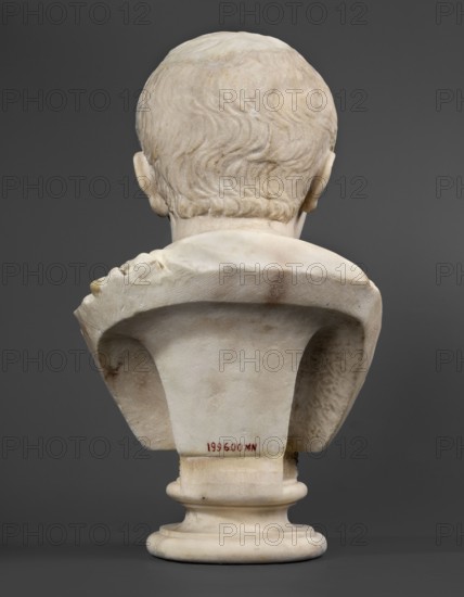 Portrait of a prince from the Julio-Claudian dynasty, unknown Roman workshop; boy portrait, Roman sculpture, antique bust, dated 40–70 CE, Roman Empire 27 BC–476; sculpture; height 36 cm, width 21 cm, depth 18 cm, weight 11.55 kg., A marble bust shown from the back with carved short wavy hair and visible ears, resting on a rounded pedestal; the sculpture displays shades of off-white, cream, beige, and pale gray with some darker beige and brown discoloration, set against a neutral dark gray background.