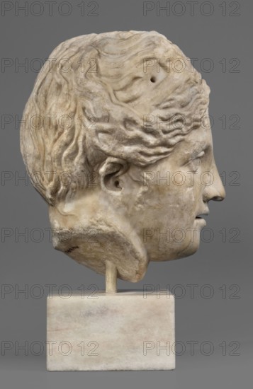 Head of Venus or a nymph, unknown Roman workshop; female portrait, Roman sculpture, hairstyle; Roman copy after a Greek original from the 3rd century BC; early 1st century period of Octavian Augustus, Roman Empire, 27 BC–476; sculpture; height 23 cm, width 16 cm, depth 19 cm, weight 11.13 kg., A carved stone head displayed on a rectangular stone base, shown in profile facing right; the sculpture has wavy, textured hair and a defined ear, brow, nose, lips, and chin, with a smooth neck area and some surface irregularities and weathering; the stone shows a range of off-white, beige, cream, and light tan tones with subtle darker patches, set against a smooth medium-gray background.
